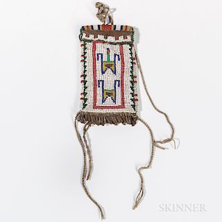 Southwest Beaded Hide Strike-a-Lite Pouch, Arapaho, c. fourth quarter 19th century, beaded on the front and flap with multicolored geom