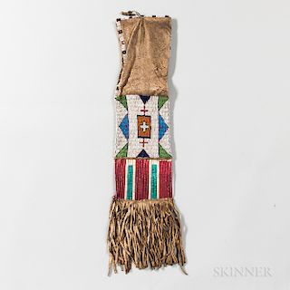 Plains Beaded and Quilled Hide Pipe Bag, Lakota, fourth quarter 19th century, beaded on both sides with multicolored geometric designs