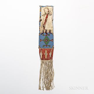 Sioux Beaded and Quilled Hide Pipe Bag, Yankton Sioux, c. fourth quarter 19th century, the soft hide bag roll-beaded at the top with on