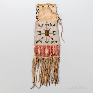 Plains Beaded and Quilled Hide Pipe Bag, Sioux, c. late 19th century, with storm mountain beaded pattern on both sides, polychrome quil