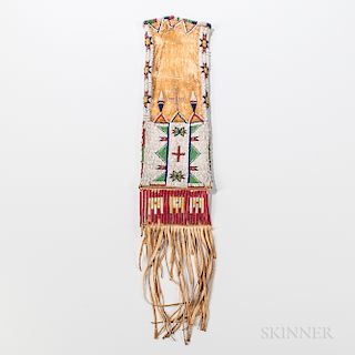 Plains Beaded Hide Tobacco Bag, Lakota, western Sioux, c. 1880s, native tanned hide, roll beaded top with descending three row beaded e
