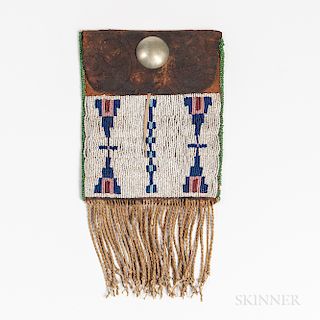 Plains Beaded Commercial Leather Dispatch Bag, Arapaho, c. 1880s, decorated on the front and sides with multicolored abstract geometric