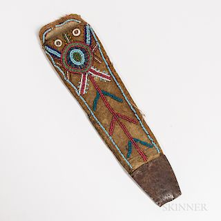 Athabascan Knife Case, c. 1880s, on moose hide, with beaded decoration on the front, and a tin end, lg. 11 1/2 in.Provenance: Private c