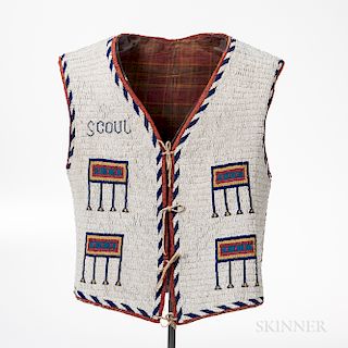 Plains Beaded Hide and Cloth Pictorial Vest, Sioux, fourth quarter 19th century, cloth-lined and fully beaded on both sides with four a