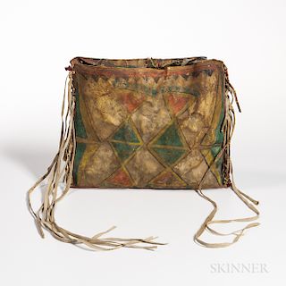 Plateau Painted Parfleche Medicine Bag, c. early fourth quarter 19th century, rawhide painted on the front and the flap with hourglass
