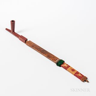 Plains Quilled Wood Stem with Catlinite Pipe Bowl, c. 1880s, wood stem decorated with quillwork depicting animals, and a band of feathe