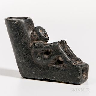 Cherokee Effigy Stone Pipe Bowl, third quarter 19th century, pipe bowl with sitting figure with hands on knees leaning against the bowl