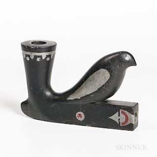 Great Lakes Carved Stone Bird Effigy Pipe Bowl, Ojibwe, third quarter 19th century, black stone with lead and red stone inlay, old labe