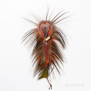 Plains Dyed Animal Hair Roach, late 19th century, deer hair with bone toggle tied with hide, lg. 16 in.Provenance: Private collection,