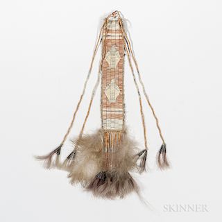 Northern Plains Quilled Hairdrop, fourth quarter 19th century, quilled rawhide strip, with two bird motifs, with four long quilled thon
