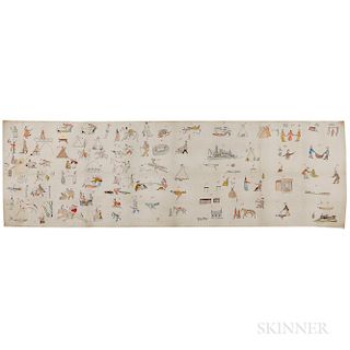 Historic Sioux Muslin Winter Count, c. 1930, the highly detailed painting is a later copy, probably depicting the years 1823-1908, base