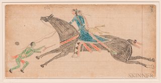Native American Ledger Drawing "Touching Coup," c. 1870, a native warrior dressed in blue riding a black horse touching a green-painted