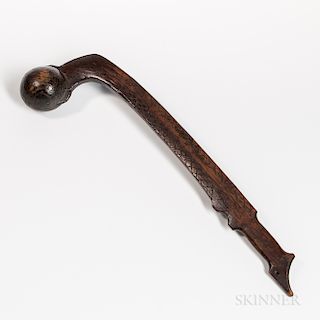 Eastern Woodlands Ball Headed Club, c. 1800-20, long slightly curved handle terminating in a ball head, both sides of shaft with deeply