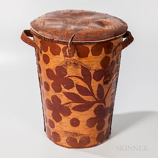 Large Northeast Birch Bark Lidded Hamper, Penobscot, early 20th century, with pictorial floral designs, ht. 23 1/4 in.