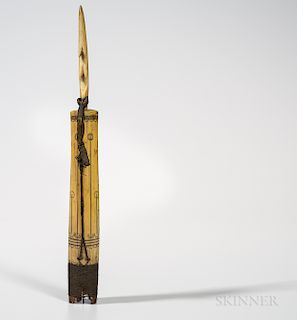 Eskimo Harpoon Socket and Point, Alaska, 19th century, long harpoon socket piece, with incised circular and linear designs, with insert