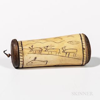 Eskimo Container, Alaska, 19th century, bone with wood ends, decorated with pigmented scrimshaw animals and figure, lg. 4 1/8 in.Proven