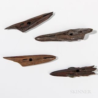Four Eskimo Harpoon Points, Alaska, early Punuk, 500-1200 AD, excavated, each decorated with incised designs, one still has part of sla