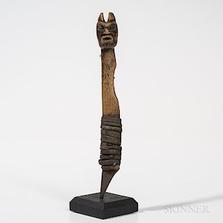 Northwest Coast Carving Tool, Kwakwaka'wakw (Kwakiutl), fourth quarter 19th century, wood handle with mask at the final, inset iron bl