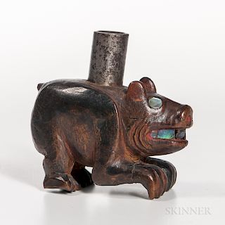 Hardwood Tobacco Pipe, Tlingit, early fourth quarter 19th century, musket barrel and abalone shell, in the form of a crouching bear, ri