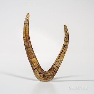 Northwest Coast Shaman's Amulet, Tlingit, early fourth quarter 19th century, carved from caribou or elk antler, pierced twice for atta