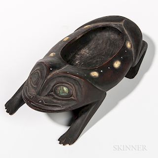 Northwest Coast Frog Bowl, Tlingit, c. 1900, grease bowl in the form of a frog, with shell inlay eyes and bone inlay and embedded beads