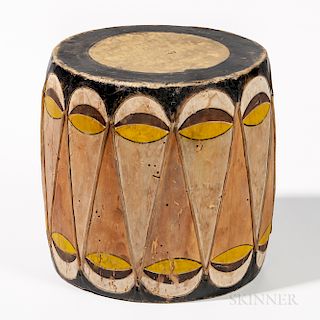 Southwest Taos Drum, c. 1900, painted wood and rawhide, ht. 10 in.Provenance: Private collection, Oyster Bay, New York; Ann McCormack c
