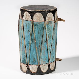 Large Taos Polychrome Wood and Hide Drum, early 20th century, with blue, black, and white pigments, hide cover, held by hide lashing, h