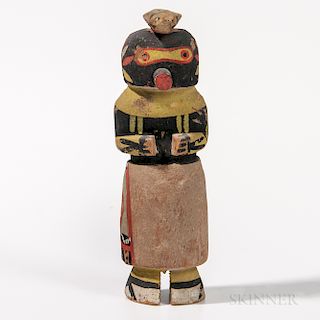 Zuni Polychrome Carved Wood Katsina Doll, c. 1940/50s, Zuni warrior Spi-ikne, black case mask with bird atop, painted flower ears, tube