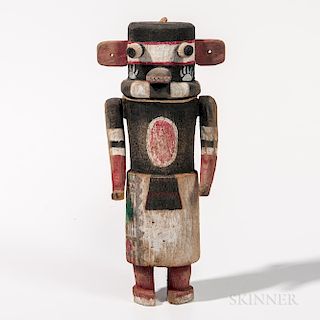 Hopi Polychrome Carved Wood Katsina Doll, mid-20th century, bear katsina, painted in black and white, with bear paw prints on either si