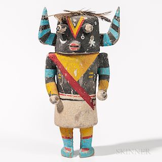 Hopi Polychrome Carved Wood Katsina Doll, Ahote katsina, mid-20th century, with black case mask, yellow and red decoration, pop eyes, h