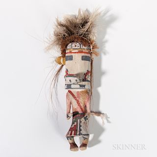 Hopi Polychrome Carved Wood Katsina Doll, c. 1940s, Tasap katsina, tall case mask with long snout, head decorated with horsehair and tu