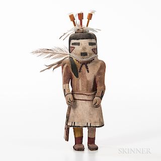 Hopi Wood Katsina Doll, representing Lenang, the Flute Kachina from the Mixed Katsina Dance, with red-painted body and yellow and pale