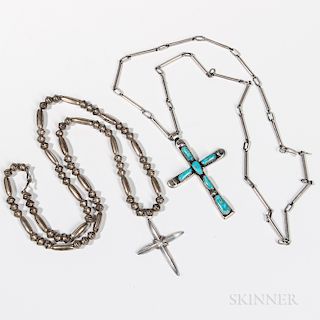 Two Silver Navajo Cross Necklaces, two silver link necklaces, one with simple silver cross, the other cross with six turquoise settings