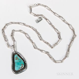 Navajo Silver and Turquoise Necklace, c. 1960s, silver chain necklace with large turquoise setting, initials "JR" stamped on chain, lg.