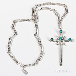 Navajo Silver Cross with Chain, large cross with four turquoise settings, silver link chain with "JR" monogram, lg. of cross 3 3/4, lg.