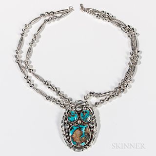 Navajo Silver and Turquoise Necklace, c. 1960s, four-strand handmade silver bead necklace with large silver plaque with three turquoise