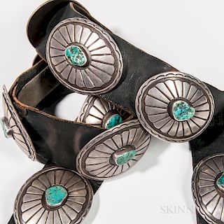 Southwest Silver and Turquoise Concha Belt, Navajo, with ten conchas and the belt buckle, "GJ" stamp inside, (one concha missing), lg.