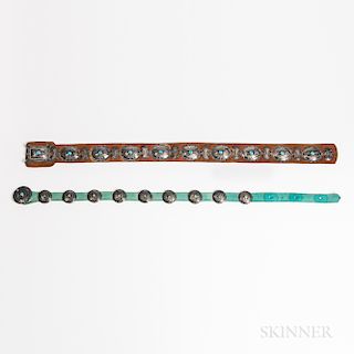 Two Navajo Silver and Turquoise Belts, 1940s, the first a link belt with nine conchas with turquoise inlay, the second a belt made up o