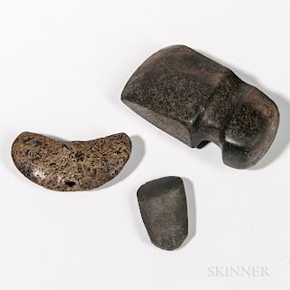 Three Pre-Historic Stone Implements, a large full-grooved axe blade, a small stone adze blade and a banner stone, lg. of axe, 5, adze 2