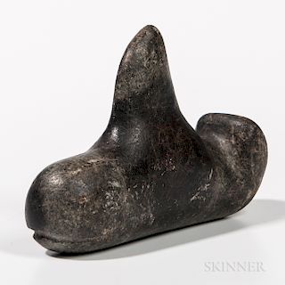 Chumash Killer Whale Black Stone Effigy, 19th century, with carved mouth and eyes, large dorsal fin, and upturned tail, lg. 4 1/4 in.