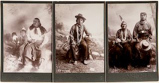 Three Cabinet Card Photos of American Indians, Prettyman Studios, depicting a Pawnee chief with a child, a Kickapoo man with cigar, and