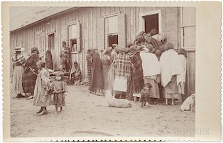 Cabinet Card Photo of Native Americans, depicting "Drawing the Rations at the Commissary," photo 4 x 5 1/2 in.