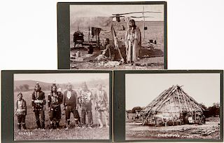 Three Cabinet Cards by Prettyman, depicting Osages, Sac and Fox House, and "Hope" (Apache), photos 4 x 5 1/2 in.