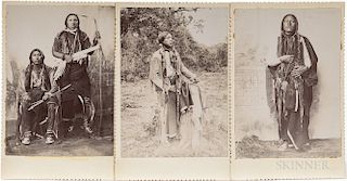 Three Cabinet Cards of Young Native American Men, depicting two photos of Comanche men and one of an Apache man, photos 5 1/2 x 4 in.