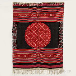 Mexican Serape, c. 1900, made from two sections stitched together, with a central medallion device and long fringes, 75 1/2 x 57 1/2 in