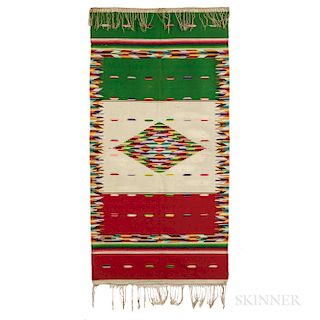Mexican Blanket, mid-20th century, with multicolored central diamond pattern, on white background, long fringes at either end, 85 x 42