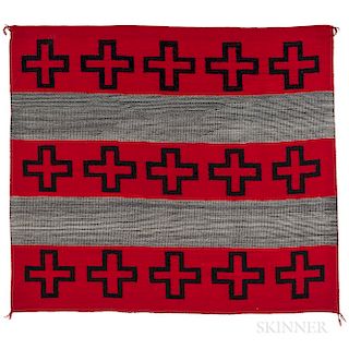 Navajo Hubbell Revival Blanket, c. 1895, woven in commercially spun and dyed single-ply wool in black, red, and gray, with typical band