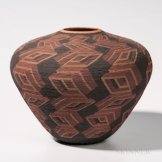 Large Richard Zane Smith Pottery Jar, Wyandot potters, signed and dated "1989" on the bottom, corrugated walls with incised and colored