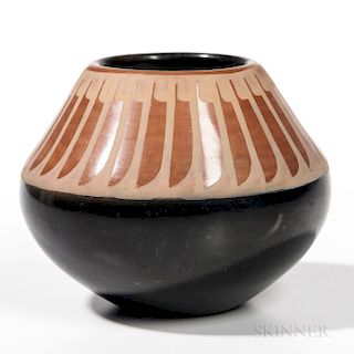 San Ildefonso Pottery Jar, Tony Da, initialed on the bottom, with colored feather pattern above the shoulder, ht. 3 3/4 in.