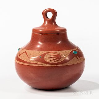 San Ildefonso Lidded Pottery Jar, Tony Da, red glaze with incised Avanyu design, with five turquoise inclusions, signed "Da" on base, h